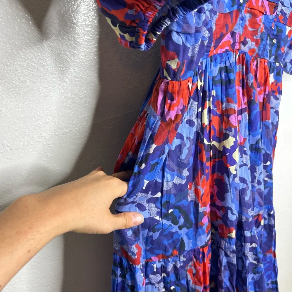 NWT Ro's Garden 100% Cotton Blue Red Floral Puff Sleeve Nieves Maxi Dress Small